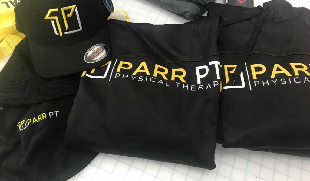 Work apparel with custom printed logos.