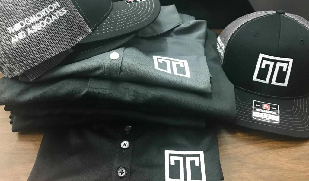 Custom branded hats and shirts.