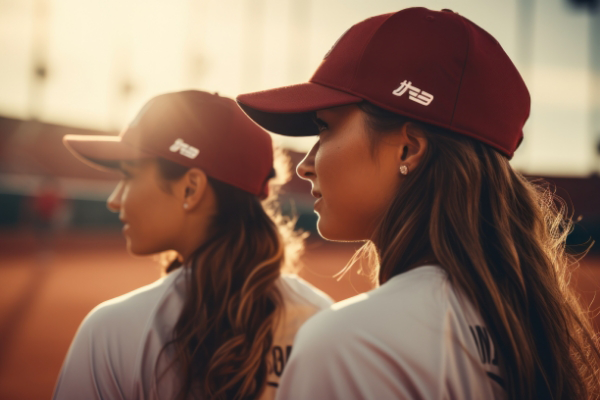 Two young women wearing custom hats.