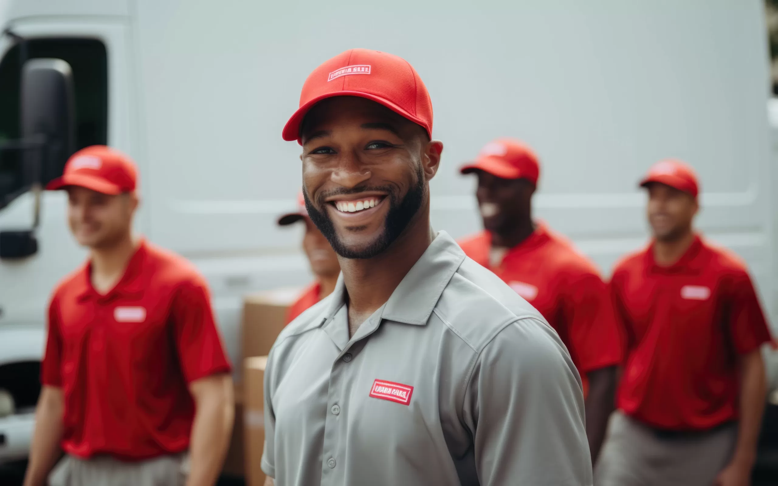 crew of delivery drivers smile while wearing company-branded workwear and accessories