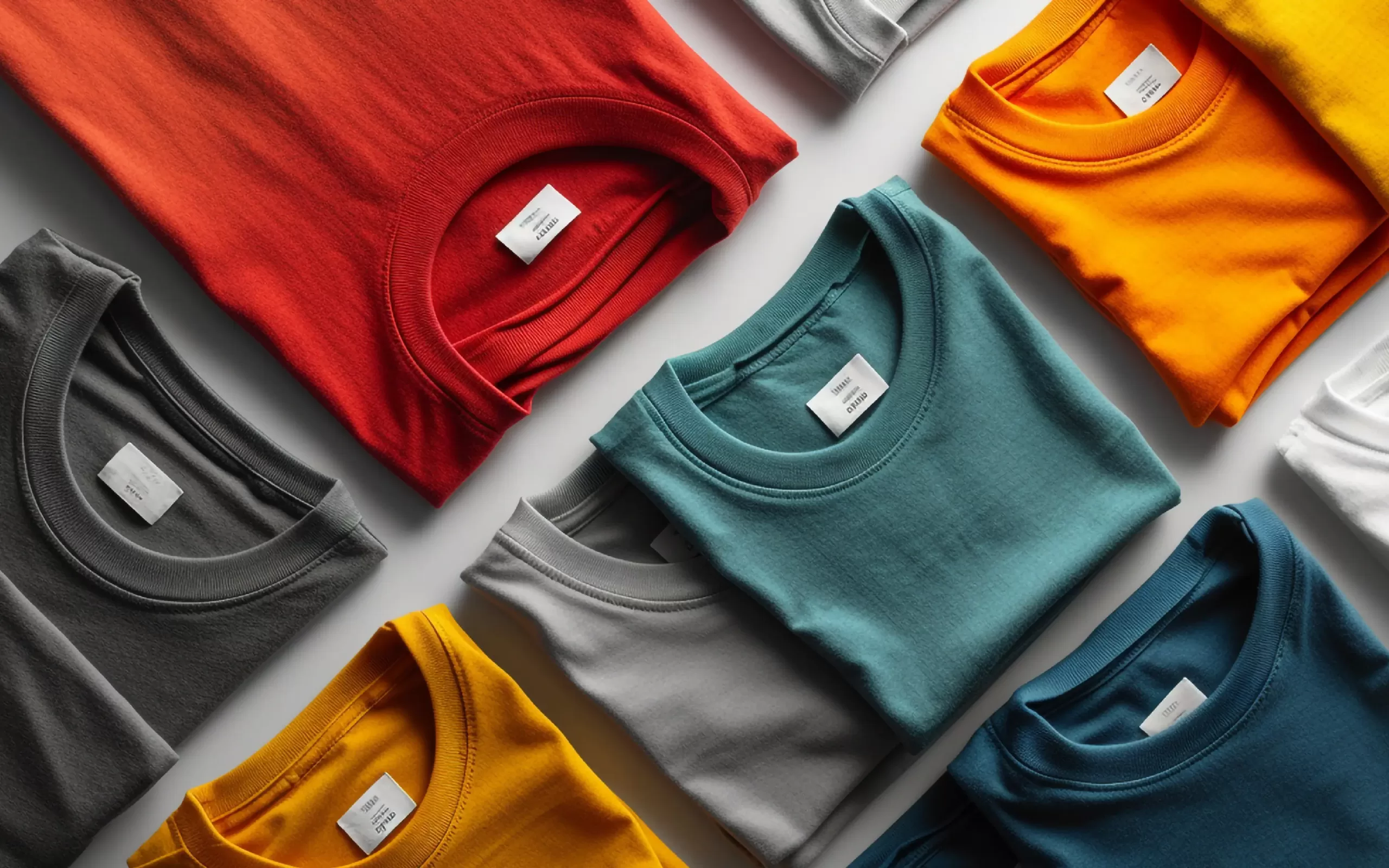 A display of multicolored T-shirts used for custom printing and branded logos for businesses