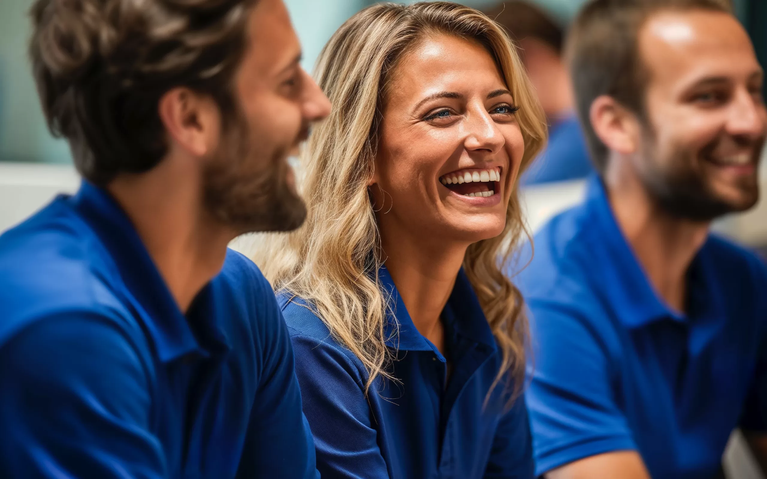 happy colleagues wearing custom branded apparel at a networking event and trade show