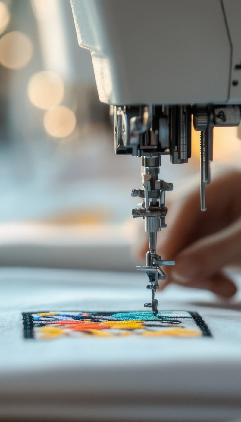 A professional embroidery machine adds colorful stitching to apparel.