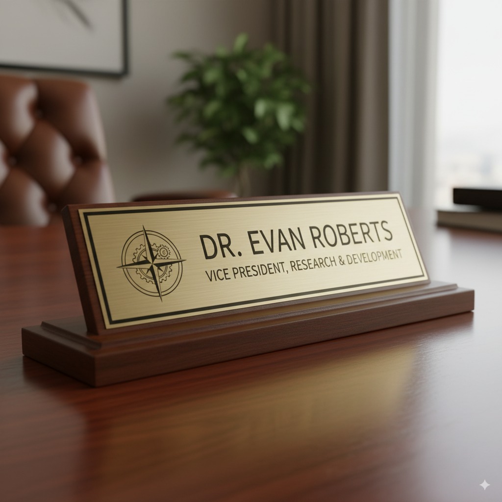 Austin Custom Gifts & Awards engraved metal nameplates for desks and offices