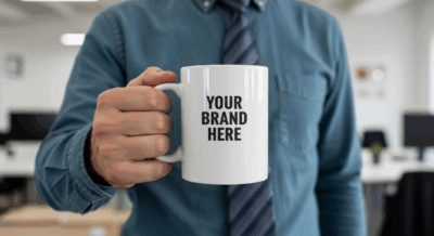 Austin Company Swag branded mugs and custom printed drinkware