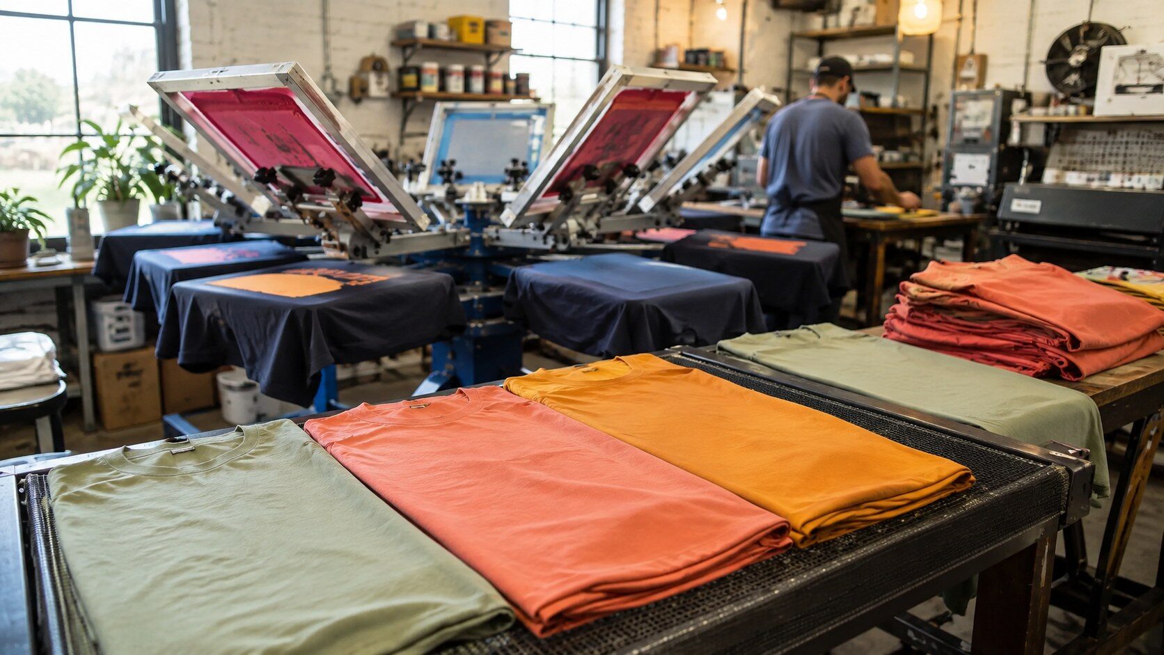 Freshly printed custom t-shirts and a screen printing press at an Austin print shop during a fast turnaround order.