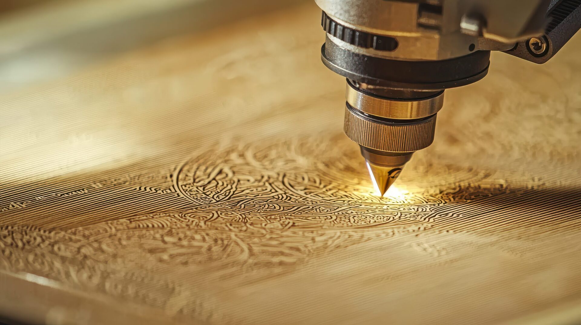 Laser engraving machine creating detailed wood design for custom laser engraving services in Austin TX