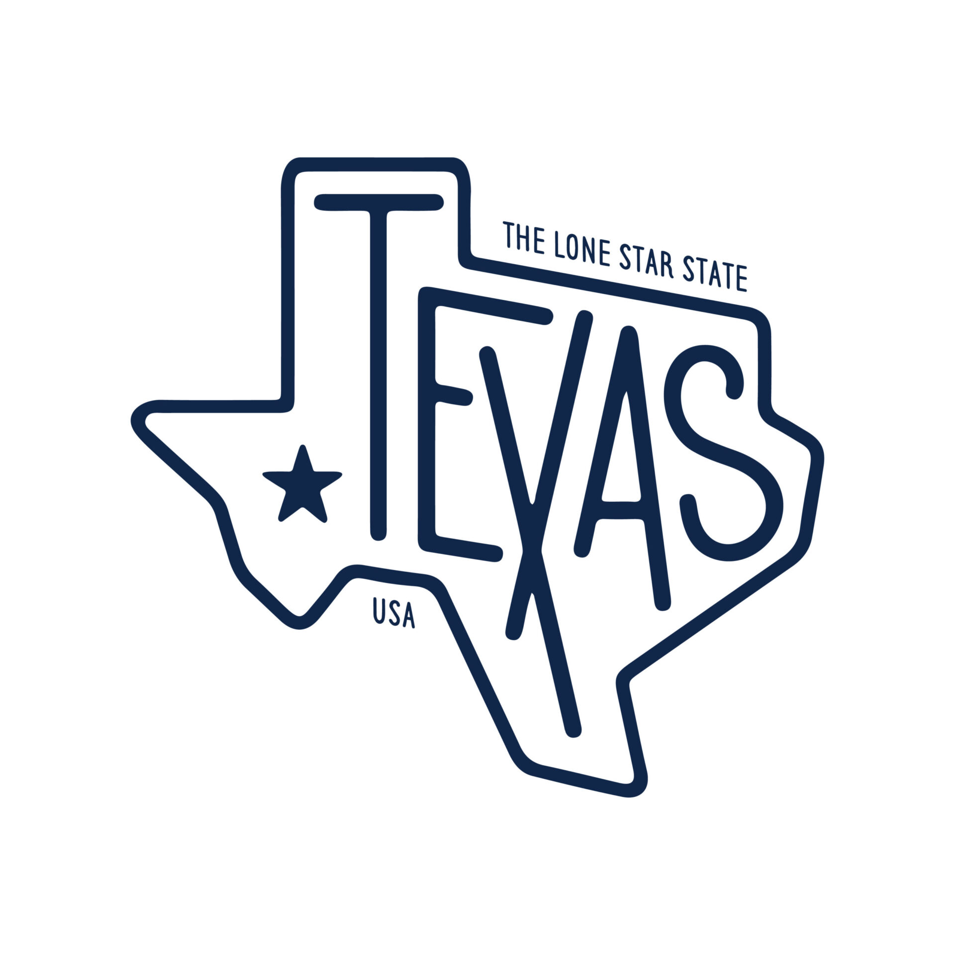 Custom screen printed Texas state outline graphic in navy blue with "The Lone Star State" text, representing the locally made custom printing services The Logo Store provides for businesses and organizations across Austin and San Antonio TX