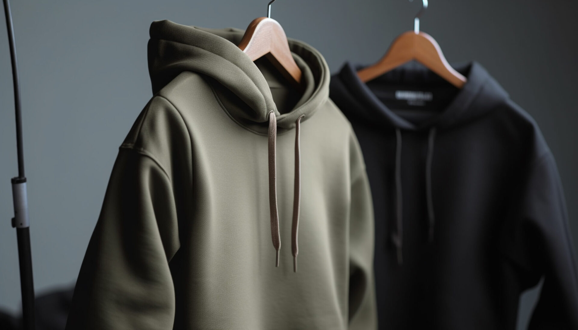 Two premium blank hoodies in olive green and black hanging on a clothing rack, representing the first step in how to start a clothing brand in 2026 — choosing quality blank garments to screen print or embroider your custom designs on