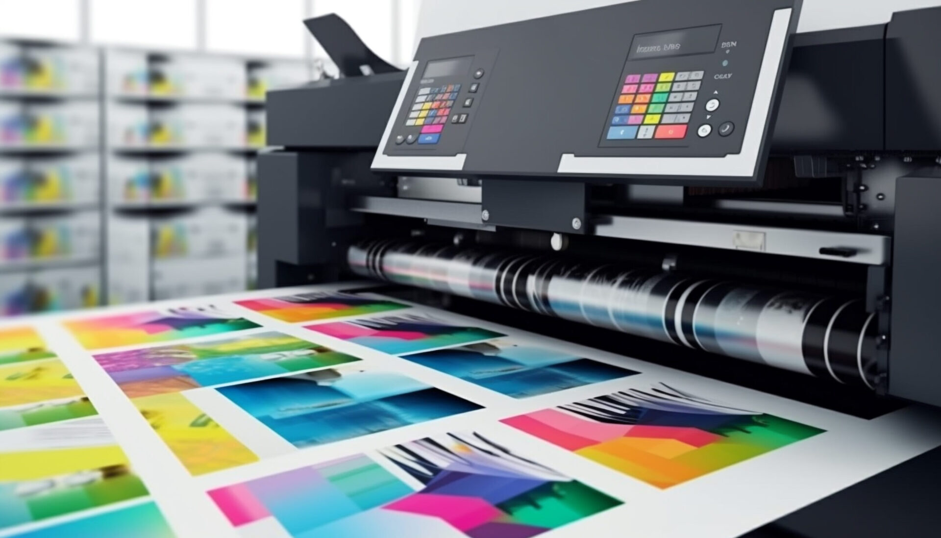 A large format digital printing machine producing vibrant full-color prints showing the range of color options available when choosing the best printing method for custom t-shirts and branded apparel at The Logo Store in Austin TX