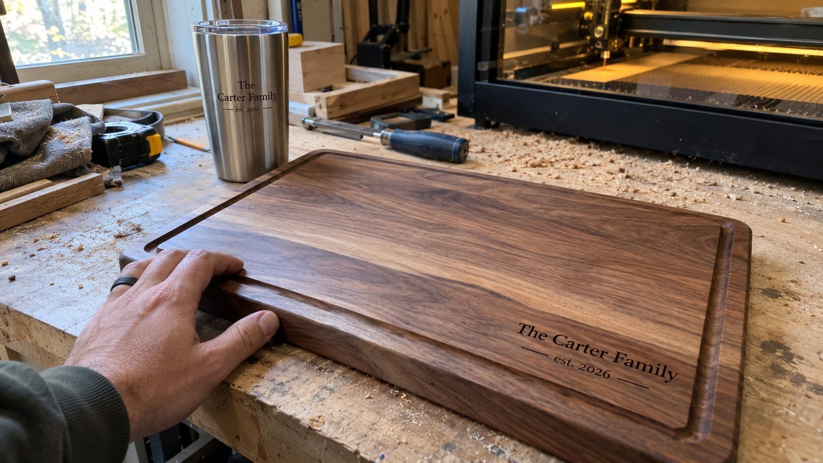 Personalized laser-engraved holiday gifts including a named cutting board, wine glasses, a monogram tumbler, and a coordinates keychain at a custom shop in Austin