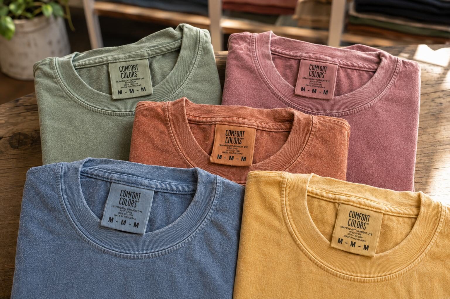 Stack of folded garment-dyed heavyweight t-shirts in soft faded colors, showing the vintage Comfort Colors look.