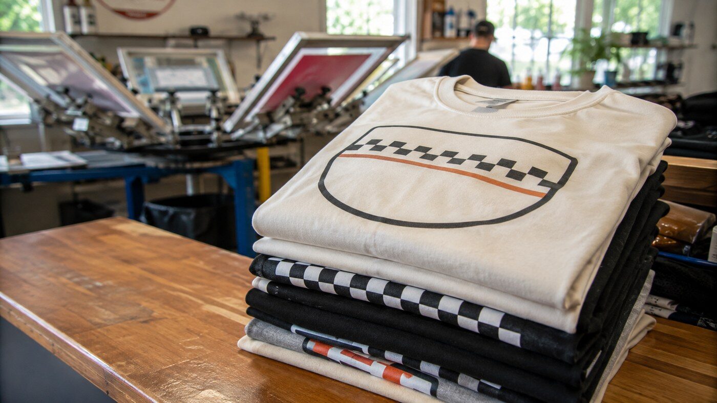 Stack of freshly printed custom t-shirts on the counter at an Austin print shop, ready for F1 race weekend.