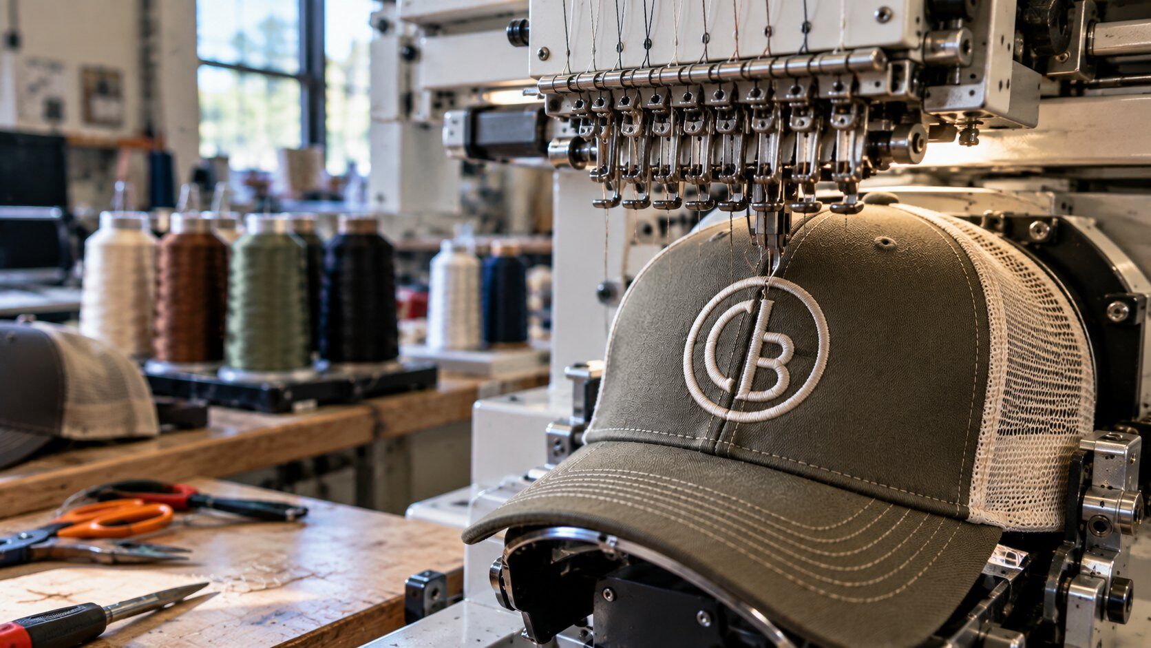 Multi-needle embroidery machine stitching a CB circle monogram onto an olive structured mesh-back trucker hat at a custom shop in Austin
