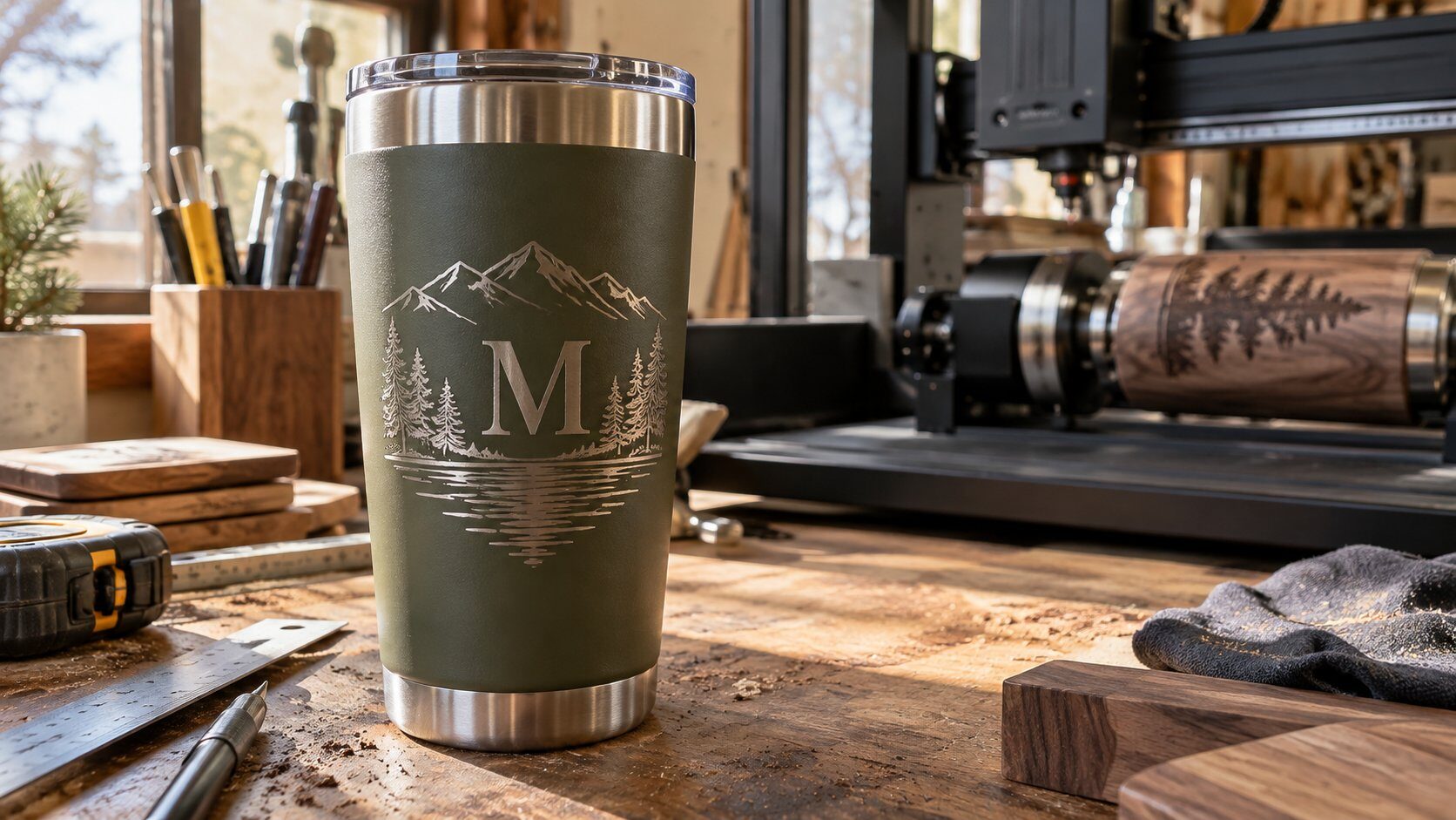 Olive stainless tumbler laser engraved with a mountain and pine scene and the letter M, on a workshop bench with a rotary engraver in the background