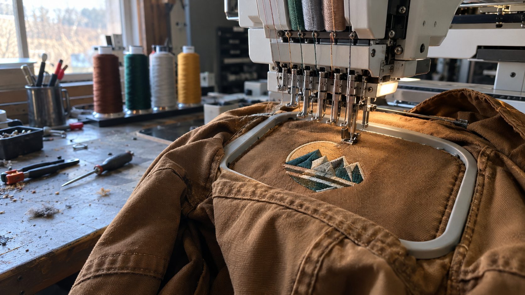 Multi-needle embroidery machine stitching a mountain logo onto a brown duck-canvas work jacket in an Austin shop