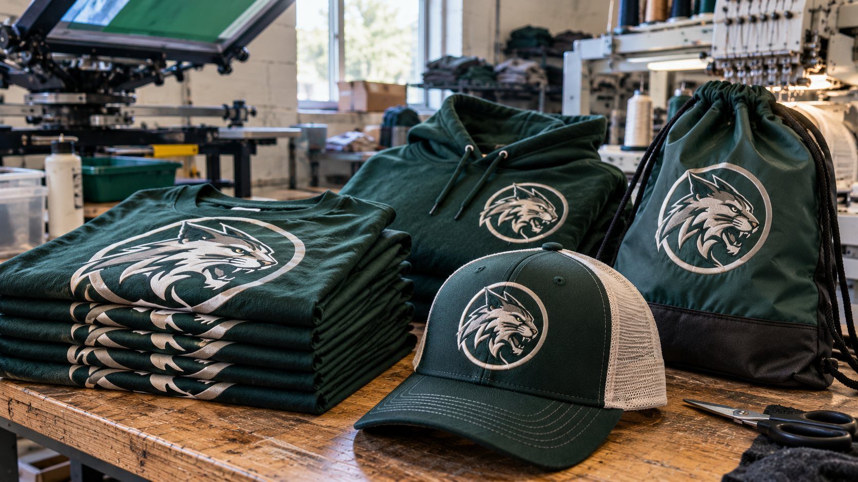 Matching custom club team gear including printed shirts, a hoodie, an embroidered trucker cap, and a drawstring bag with one team logo at an Austin shop